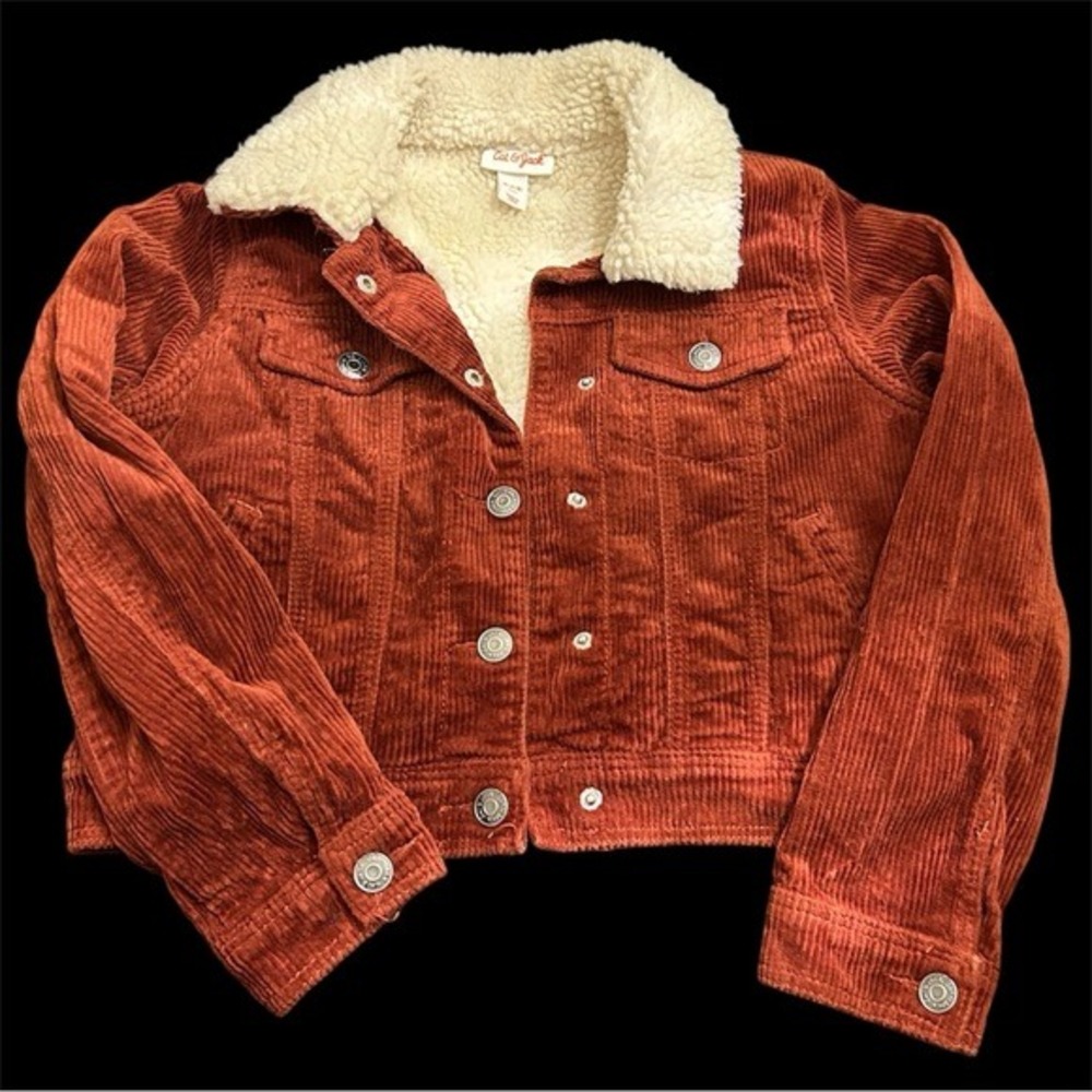 Cat & Jack Girls Sherpa Lined Corduroy Jacket Rust Orange Button Front Size M